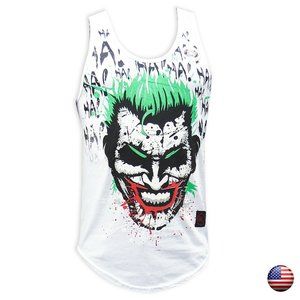 DEXMEN MEN JOKER LAUGH SMILE BATMAN WHITE TANK TOP